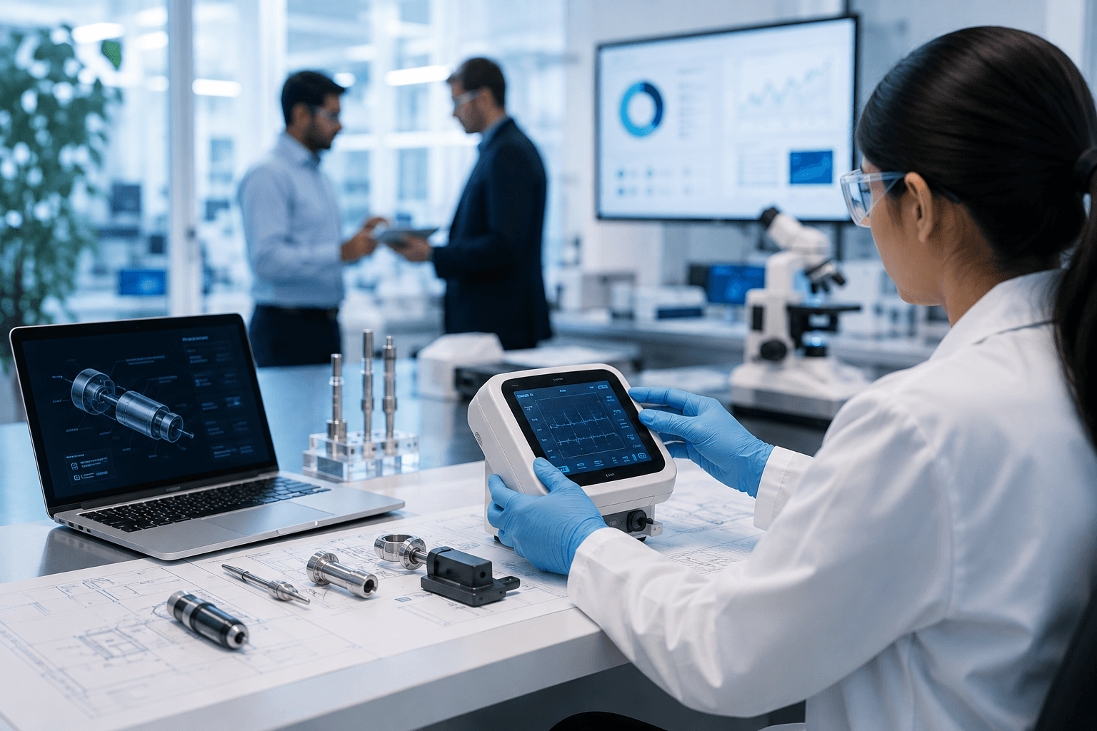 A technician closely inspecting a medical device component under lab lighting