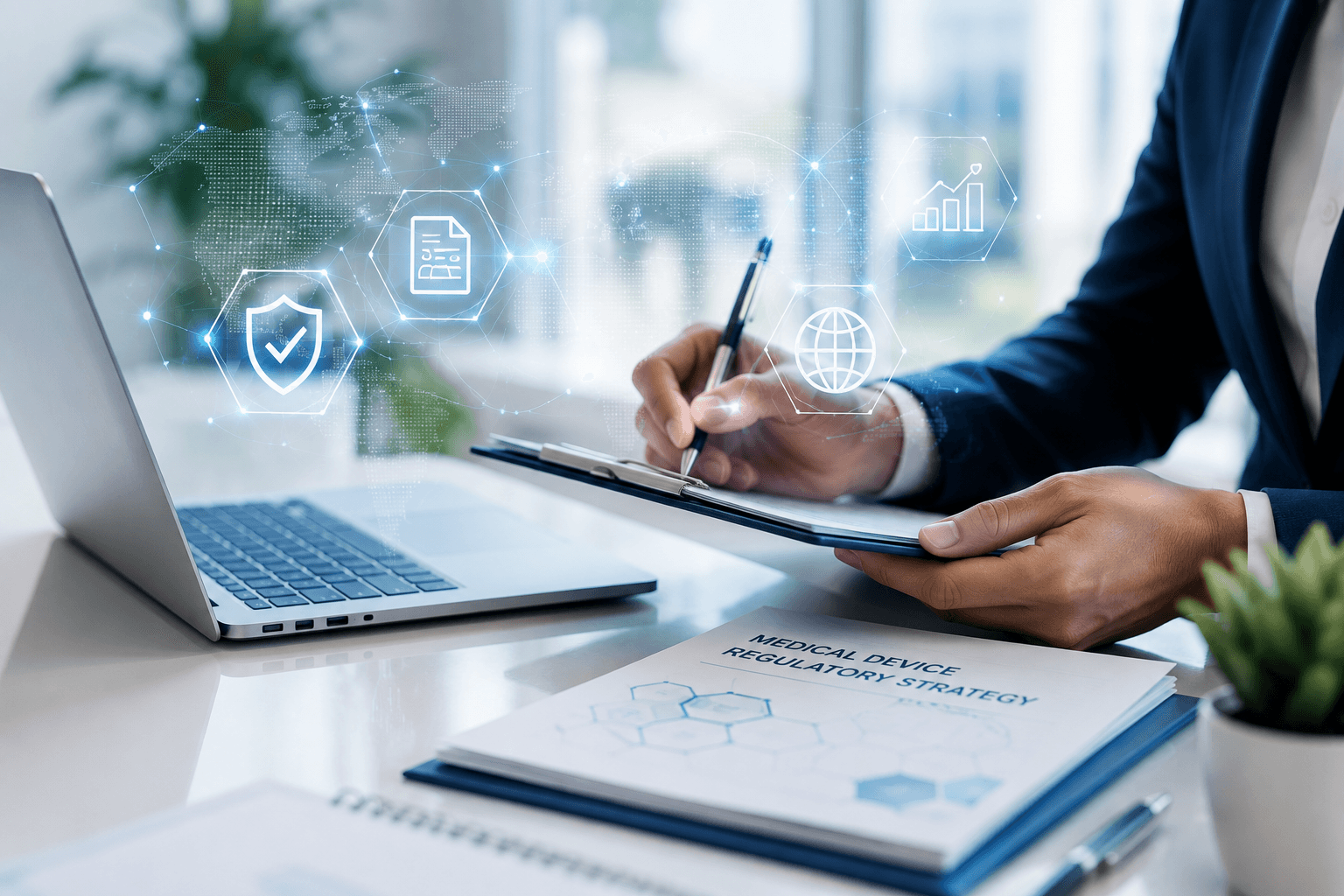 A consultant annotating a medical device regulatory strategy document
