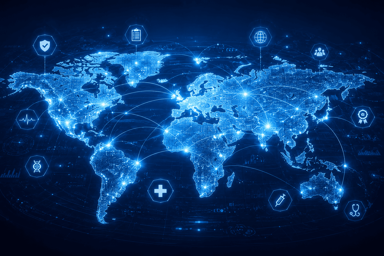 World map graphic connecting regulatory and healthcare touchpoints across regions