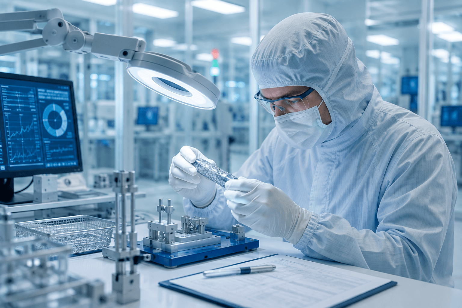 An engineer in cleanroom attire inspecting a device component