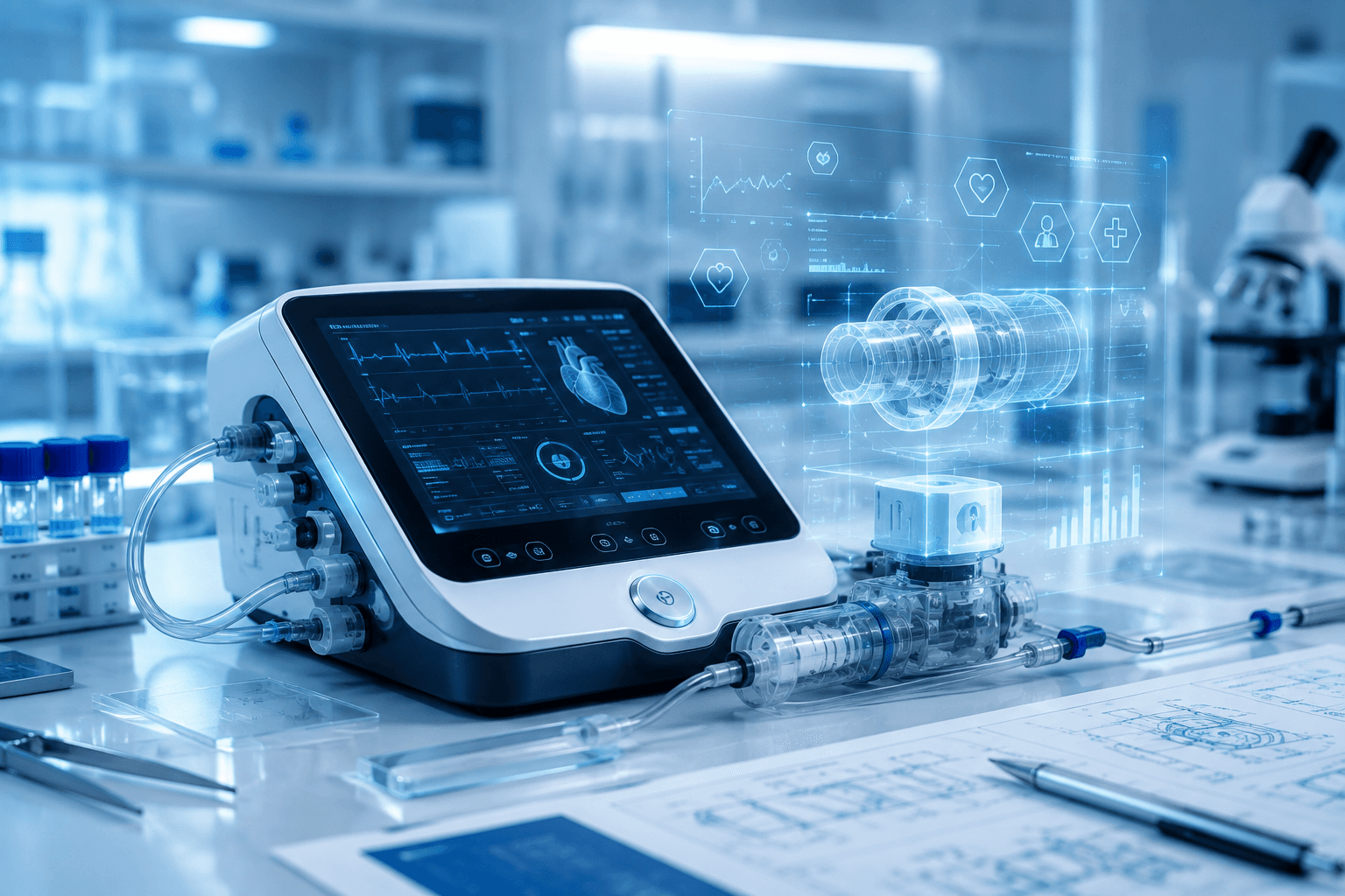 A medical device with an active digital diagnostic interface on a lab bench